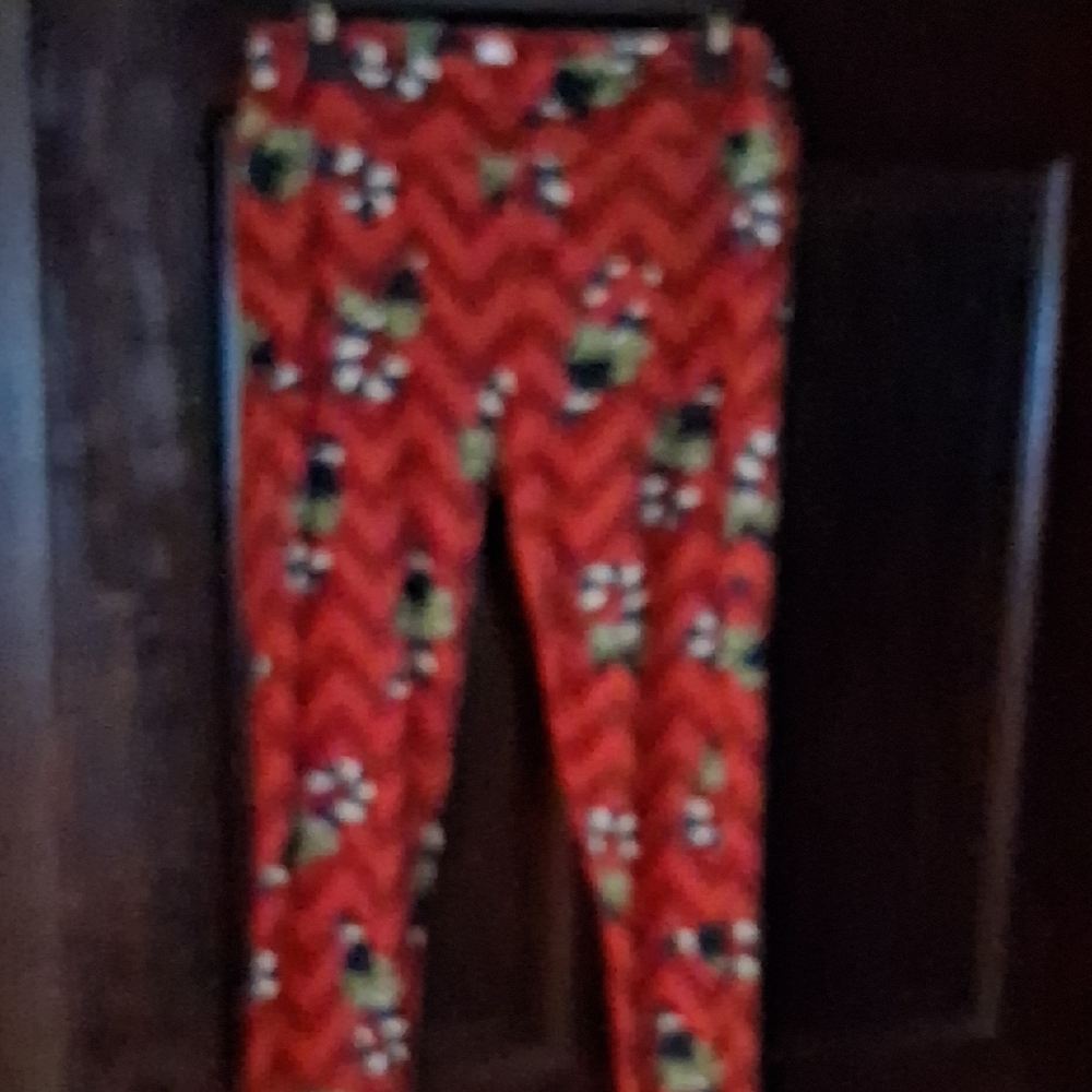 LuLaRoe Girls Red Chevron Floral Leggings